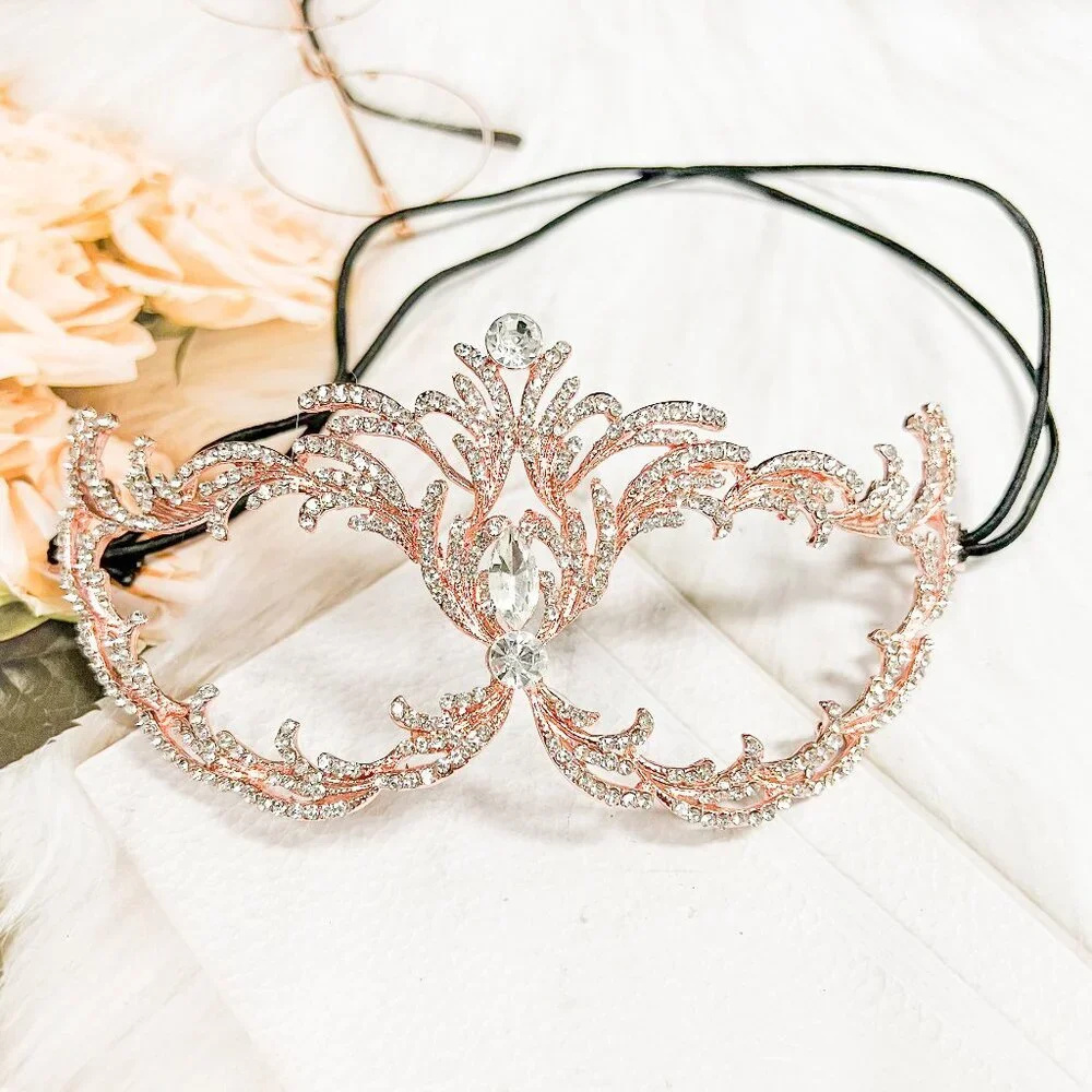Rose Gold Decorative Masquerade Face Mask with Rhinestones